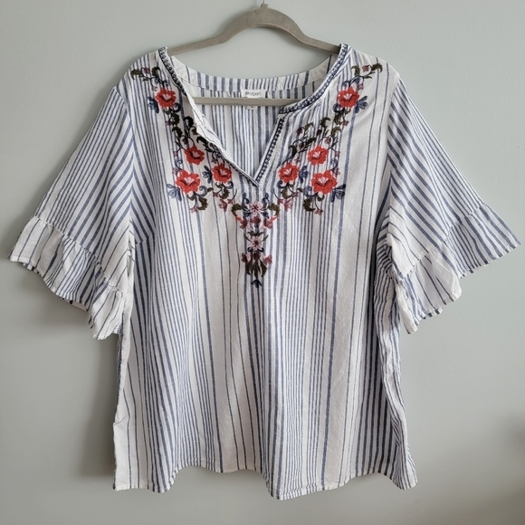 Westport 2x Plus Size Embroidered Cotton Striped Tunic - Picture 1 of 14